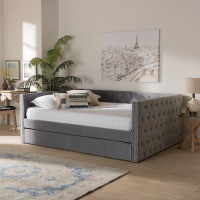Baxton Studio CF9227-Silver Grey Velvet-Daybed-QT Baxton Studio Larkin Modern and Contemporary Grey Velvet Fabric Upholstered Queen Size Daybed with Trundle